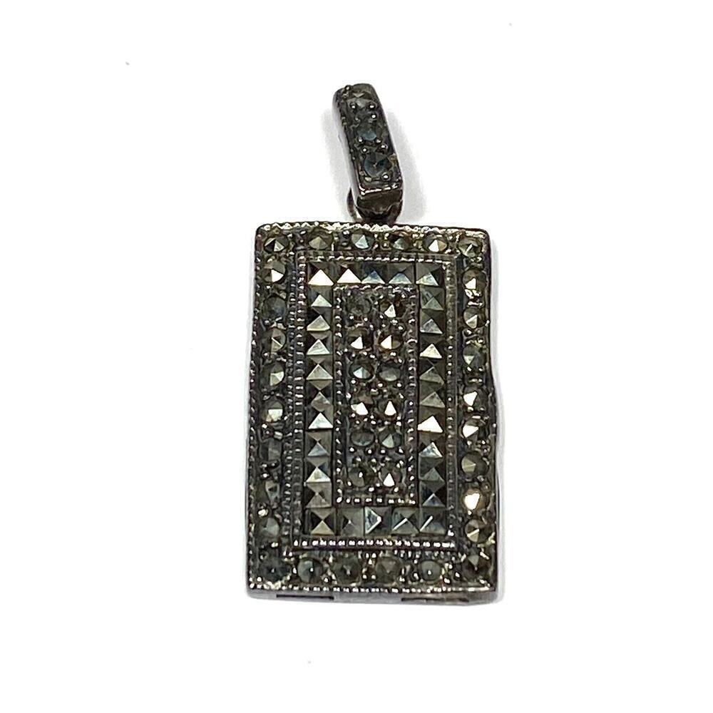 925 Sterling Silver Pendant Rectangular Marcasites 5.28g Vintage